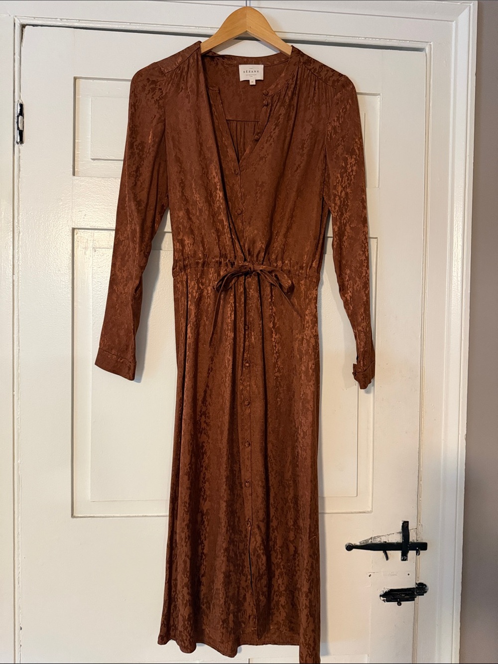 Sezane Rust Brown Long Sleeve Tie-Waist Midi Dress